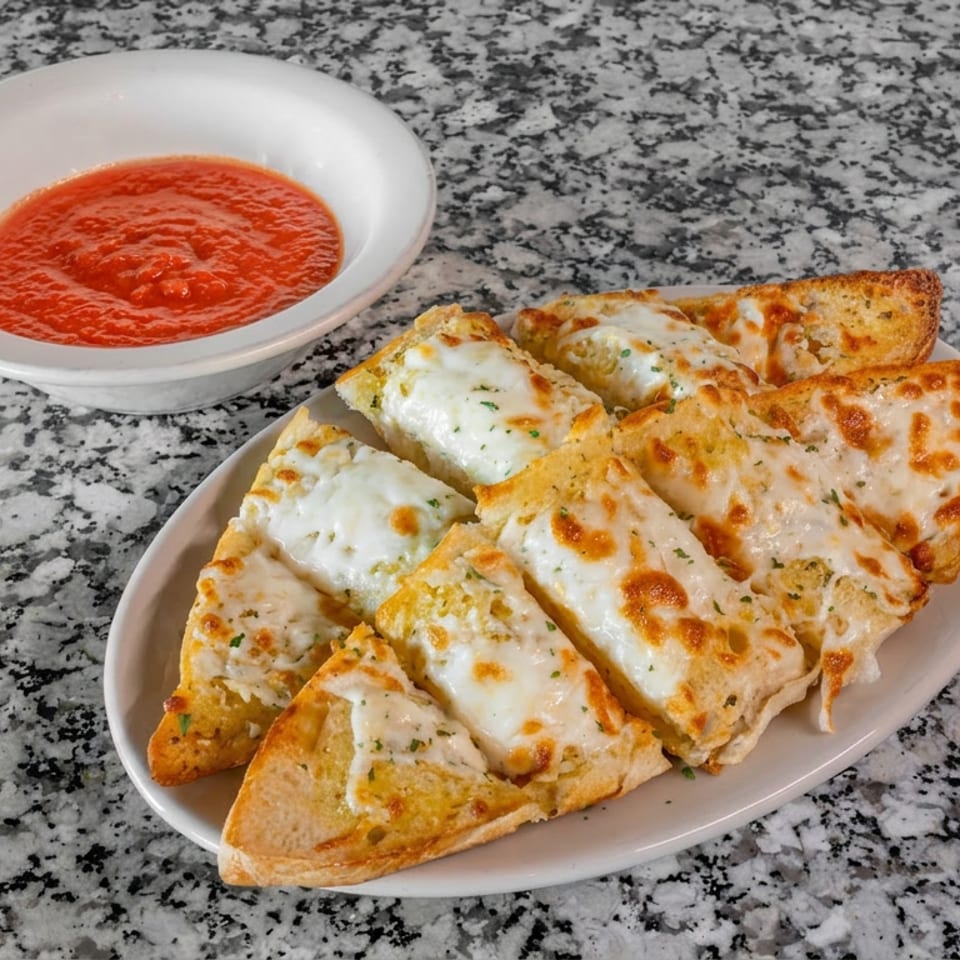 Crispy cheesy pizza slices arranged on a plate with marinara dipping sauce on a speckled granite countertop.