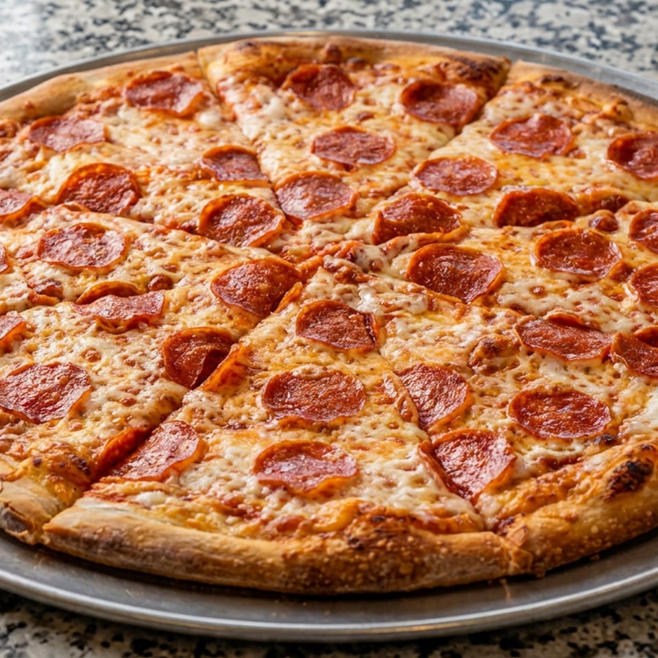 Large pepperoni pizza with melted cheese on a metal tray atop a speckled granite countertop.