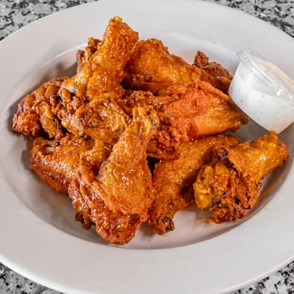Crispy, saucy fried chicken wings piled on a white plate with ranch dipping sauce on a granite countertop.