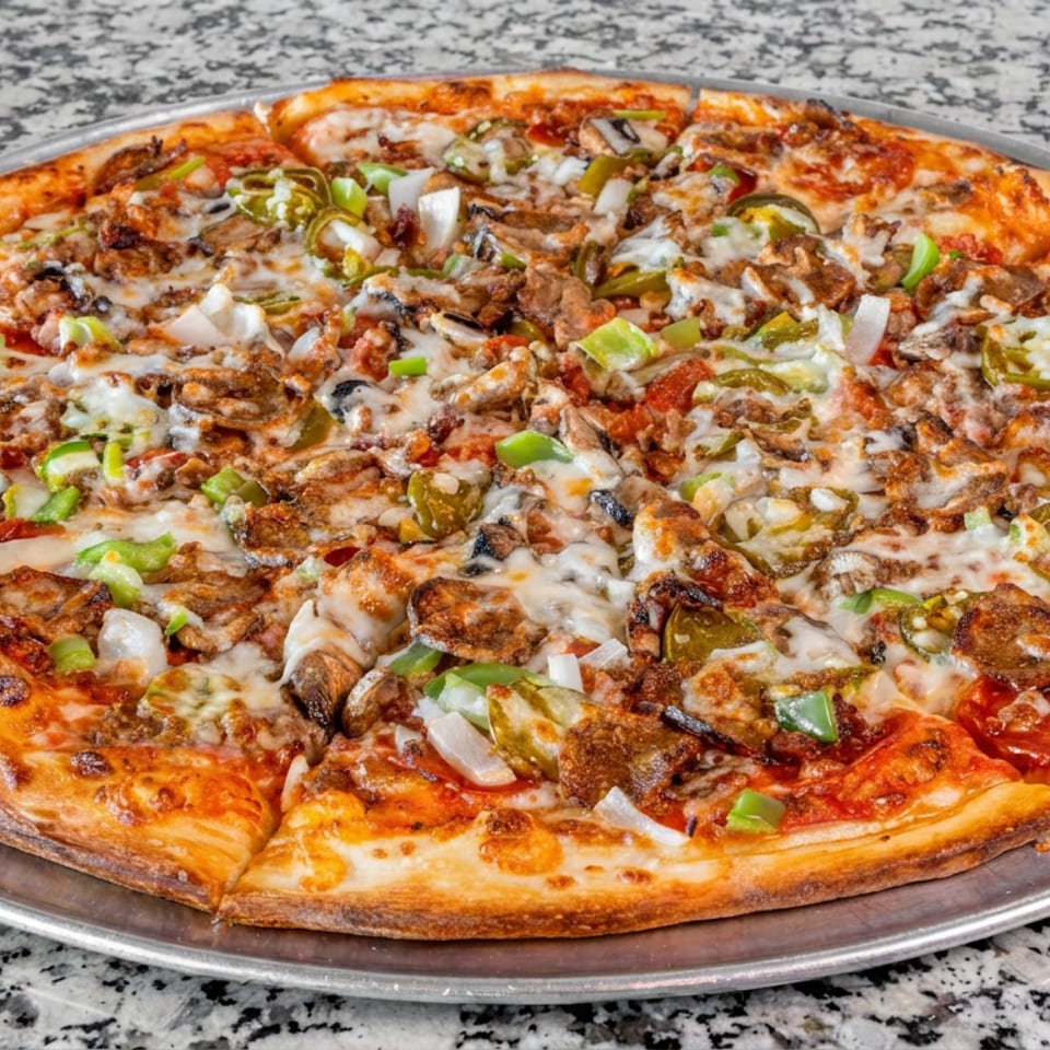 Large thin-crust pizza topped with mushrooms, green peppers, onions, meat, and melted cheese on a metal tray.
