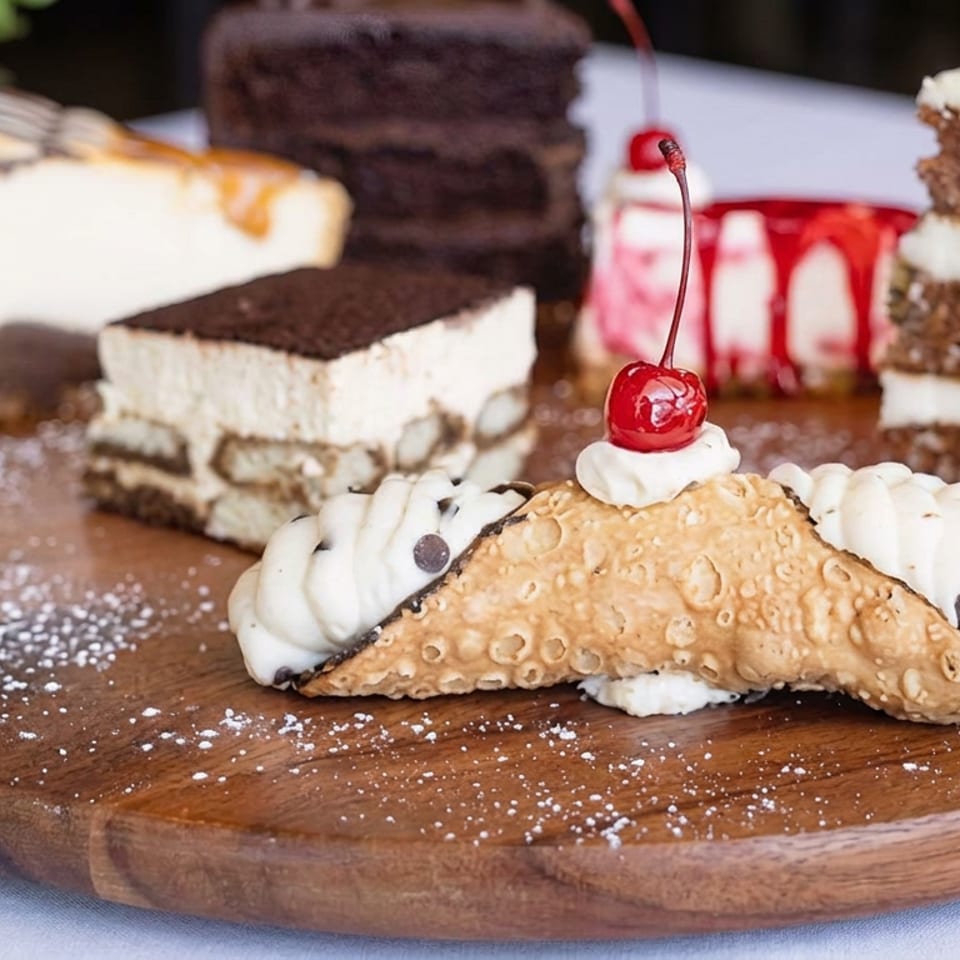Assorted cakes and a cream-filled cannoli with chocolate chips and cherry arranged on a wooden dessert board.