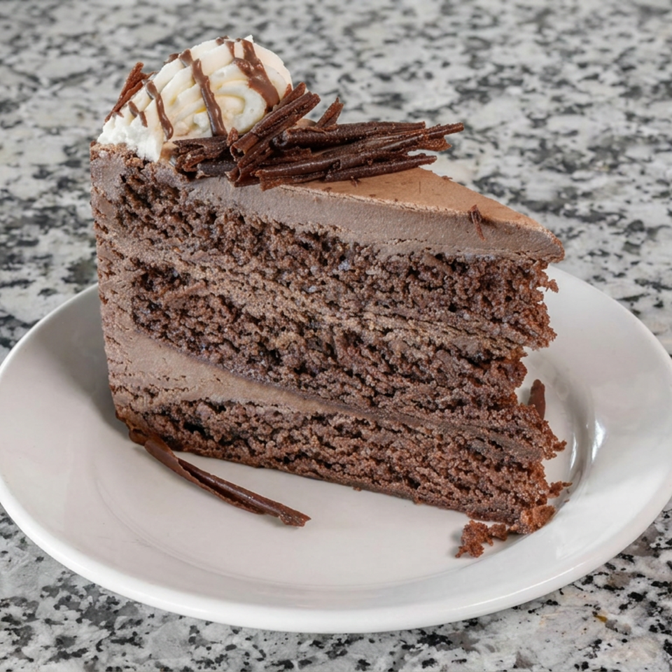 Slice of layered chocolate cake topped with whipped cream and chocolate shavings on a white plate.