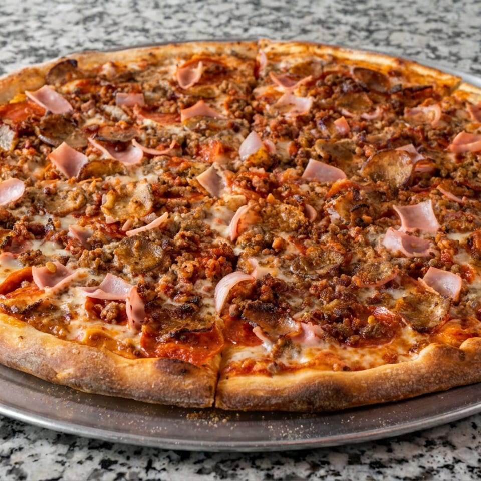 Large meat-lover’s pizza topped with pepperoni, sausage, ham, mushrooms, onions, and melted cheese on a metal tray.