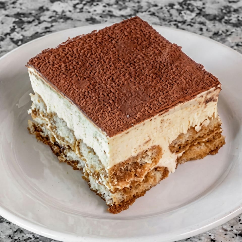 Square slice of tiramisu layered with mascarpone cream and coffee-soaked cake, dusted with cocoa on a white plate.