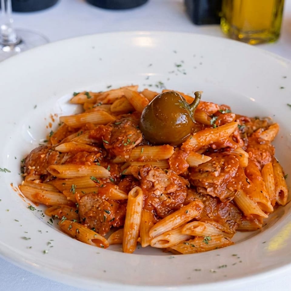 Penne pasta tossed in tomato sauce with meatballs, herbs, and a cherry tomato garnish on a white plate.