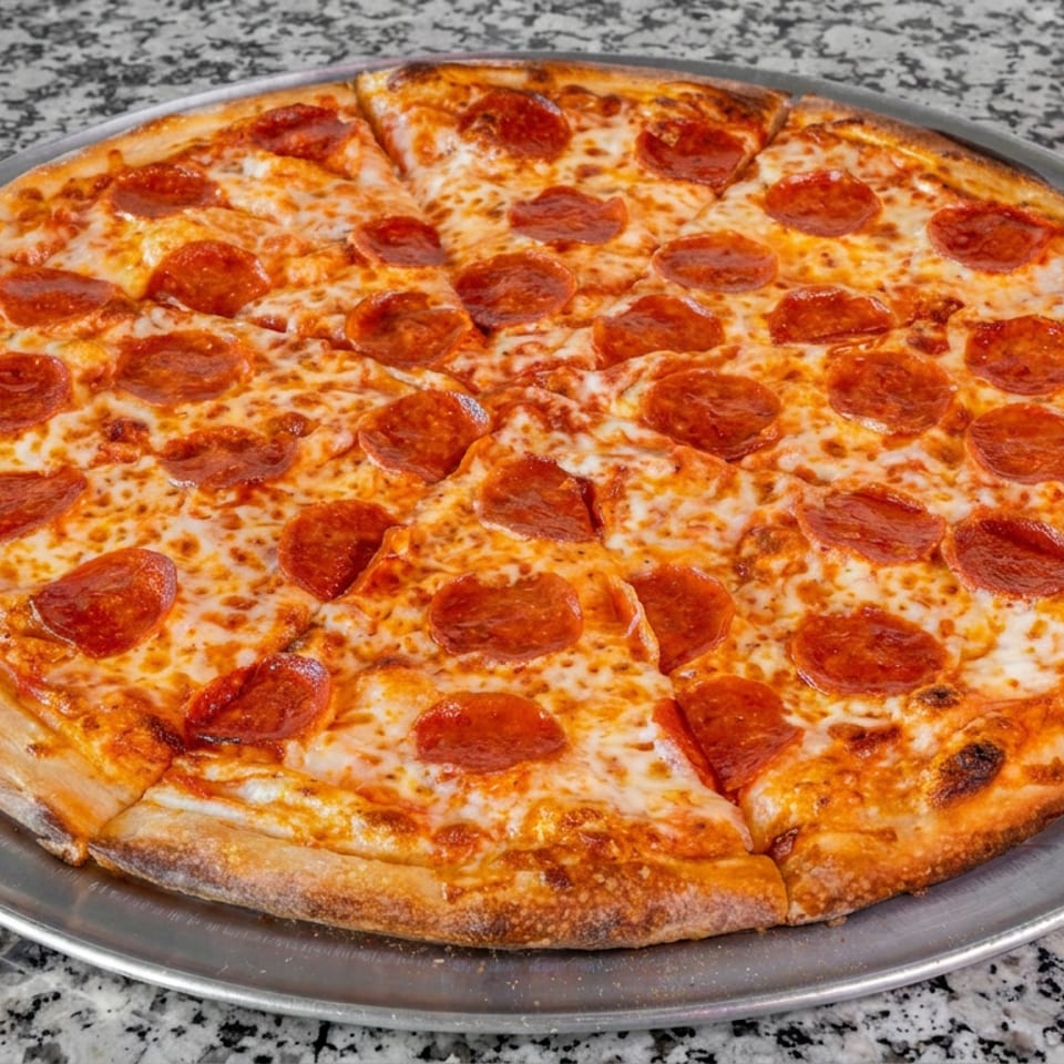 Large pepperoni pizza with melted cheese and golden crust, sliced and served on a metal tray atop a granite countertop.