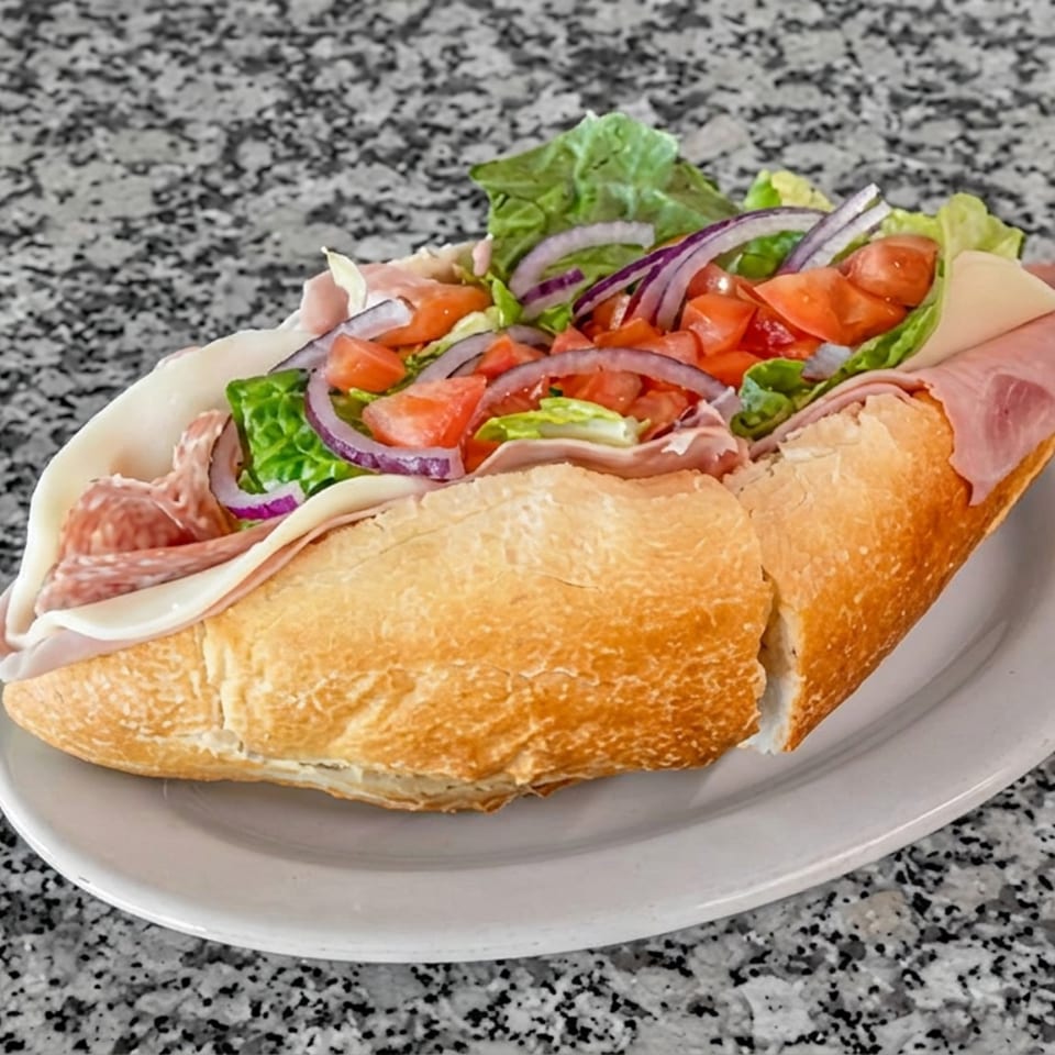 Italian sub sandwich with ham, salami, cheese, lettuce, tomatoes, and red onions on a white plate.