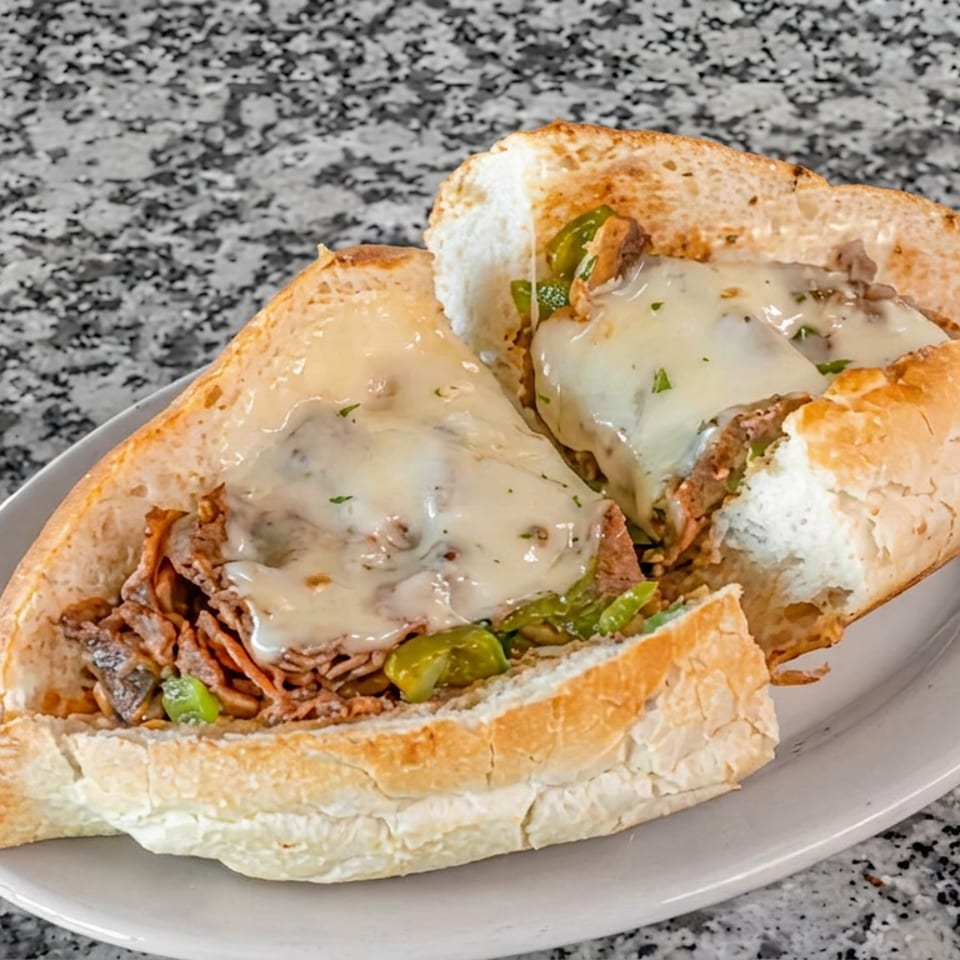 Two toasted sandwiches filled with shaved meat, melted cheese, peppers, and onions on a white plate.