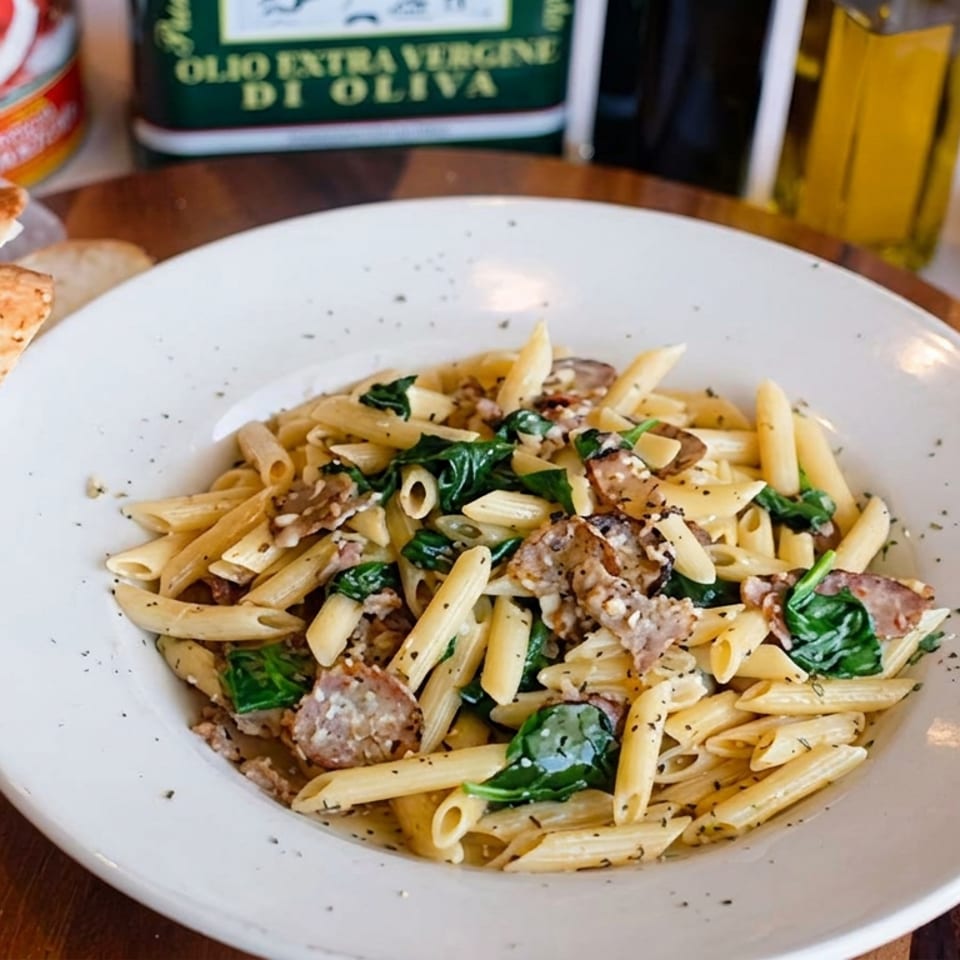 Plate of penne pasta with sausage, spinach, herbs, and grated cheese beside garlic bread and olive oil.